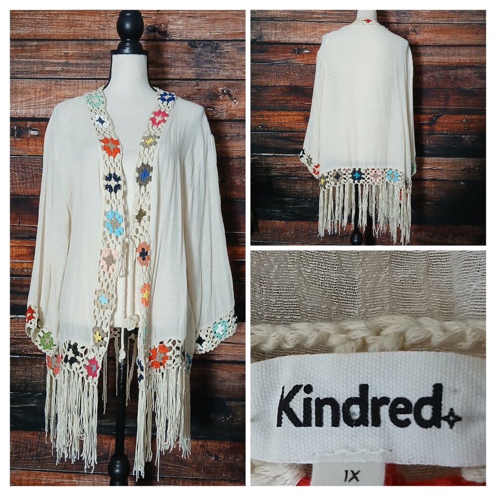 Anthropologie Kindred Top 1X Crochet Fringe Cardigan Boho Hippie Tie Front